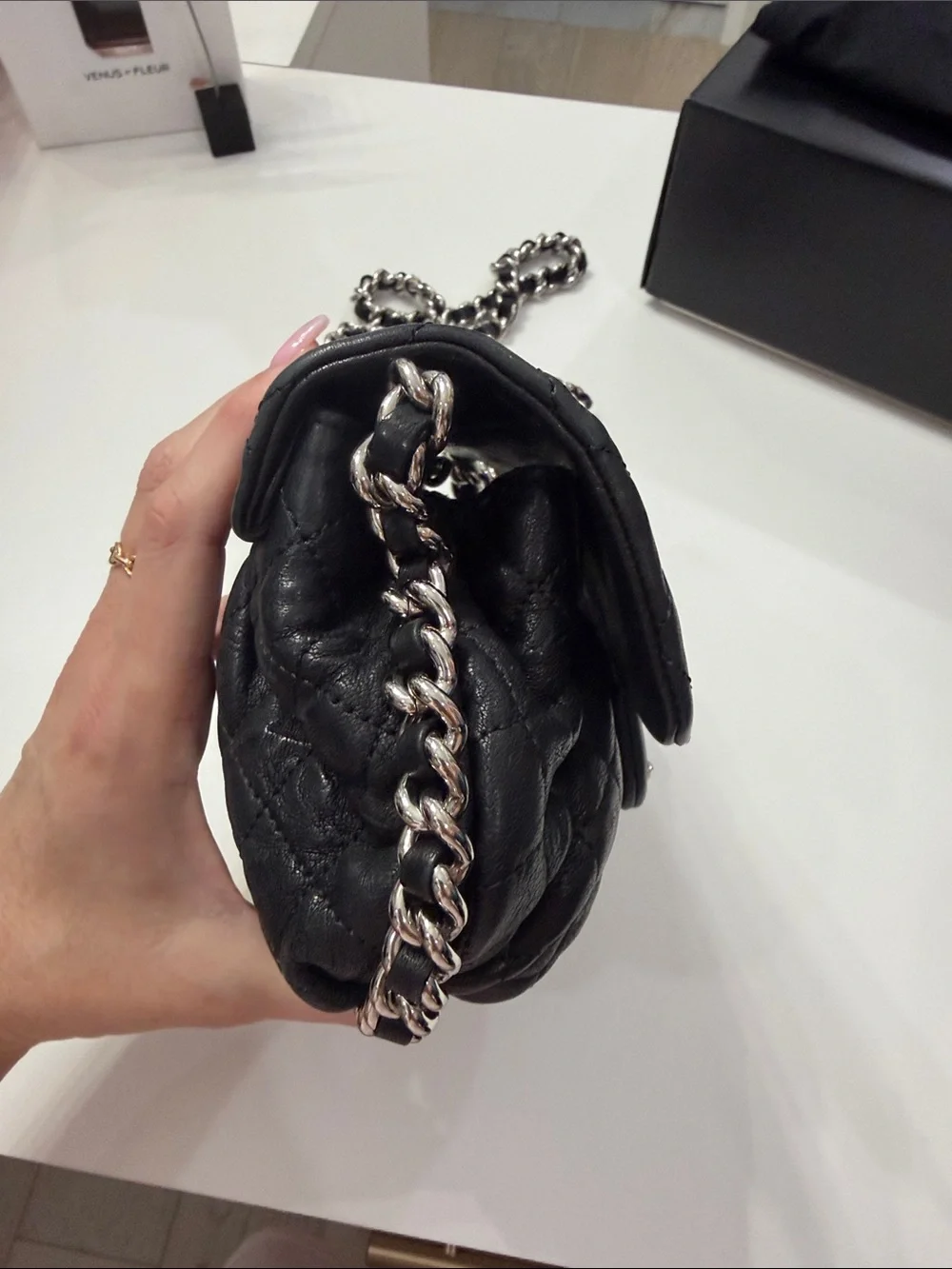 CHANEL Black Quilted leather chain around Crossbody with Silver CC Chain